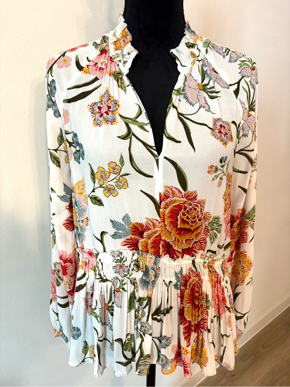 Loft Floral Smocked Hem Peasant Blouse - White/Multi